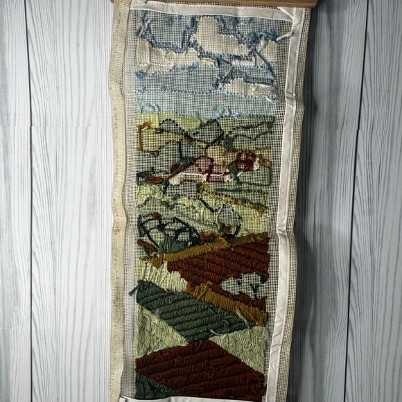 Vintage Landscape Farm Autumn Crewel Unframed MCM 26 x 12 Cottage - Picture 5 of 7